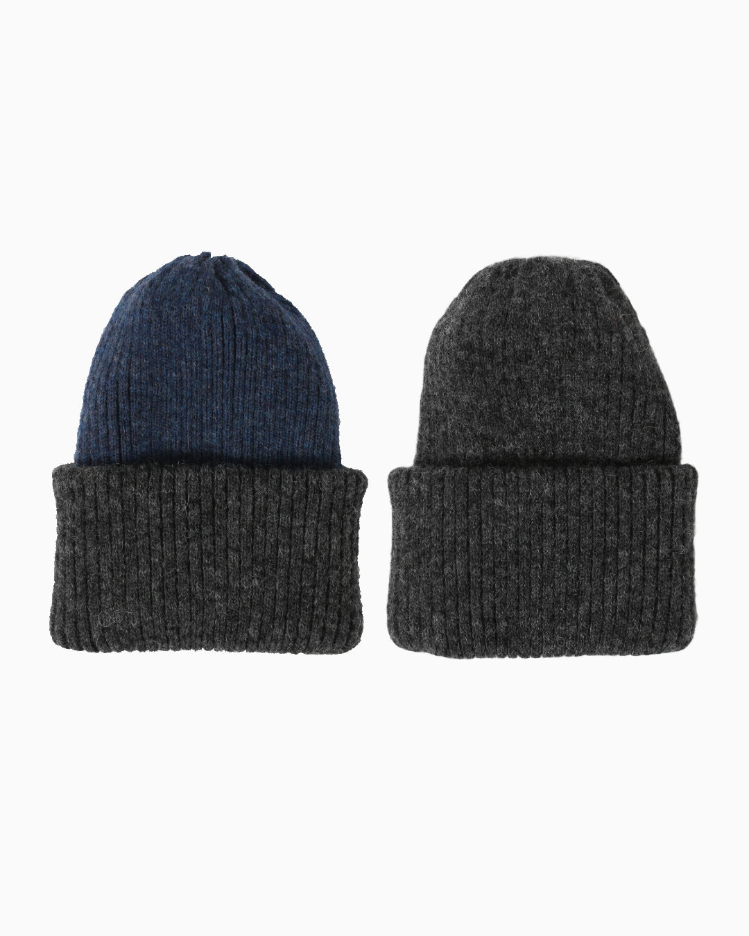 Belacaro kids beanies in navy and dark grey baby alpaca, ribbed knit with folded brims, side-by-side flat lay on white background.