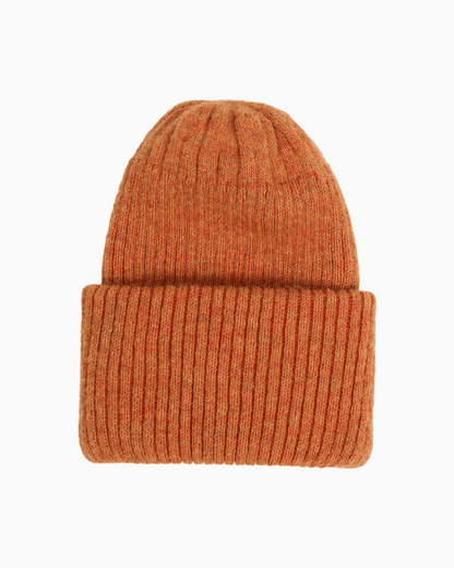 Belacaro kids beanie in orange baby alpaca, ribbed knit with folded brim, warm tone and soft feel, flat lay on white background.