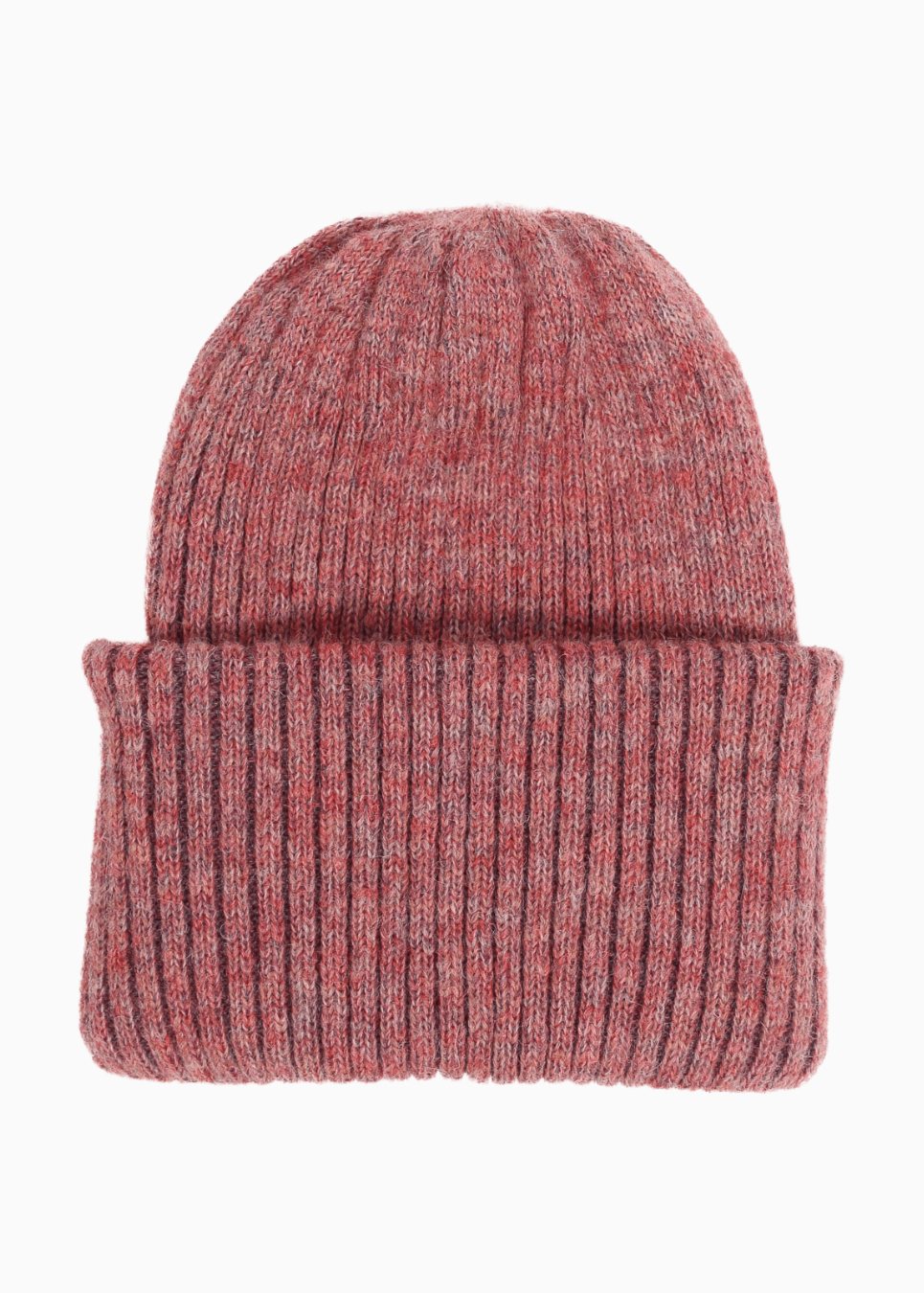 Belacaro kids beanie in heather pink baby alpaca, ribbed knit with folded brim, flat lay on white background.