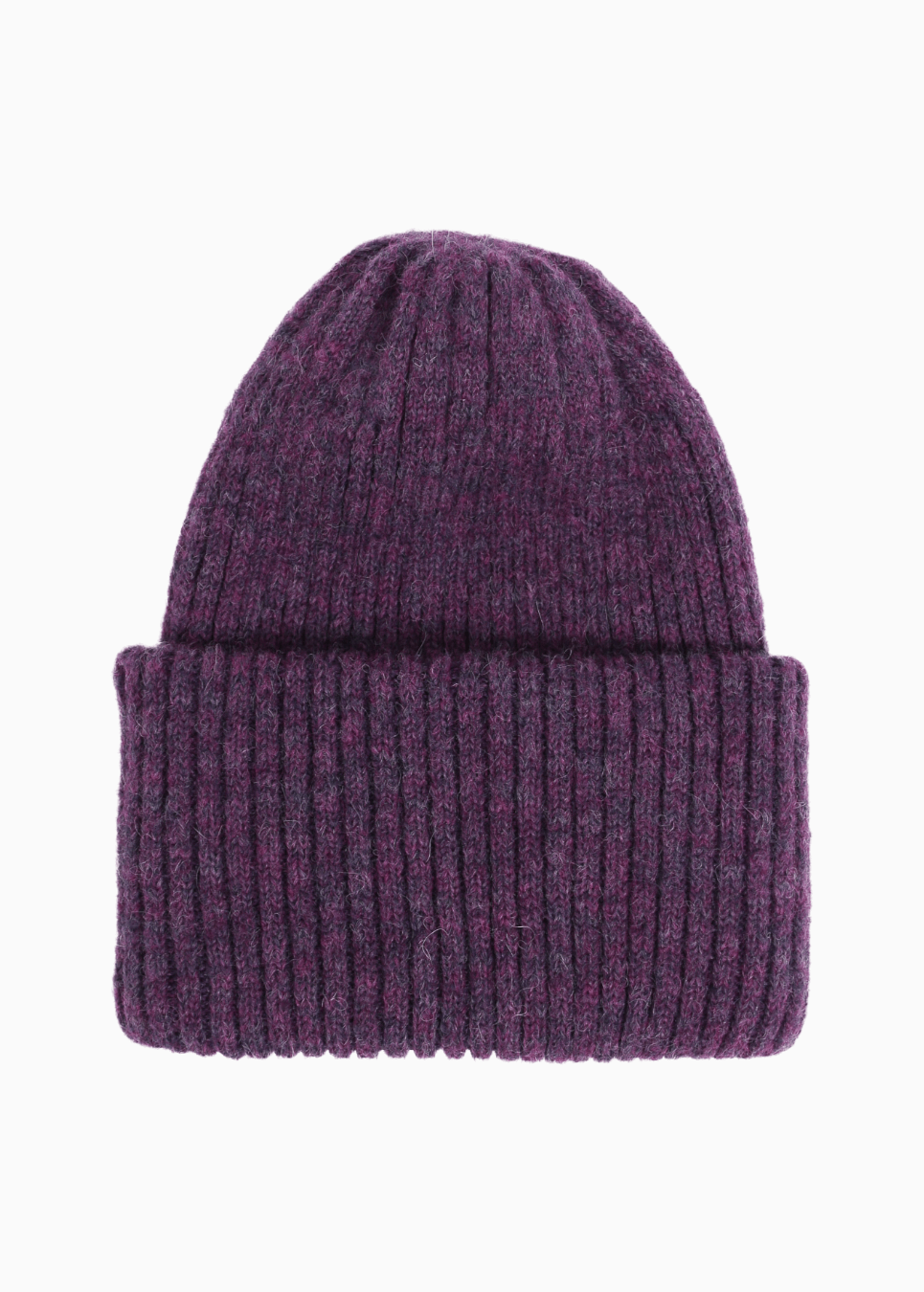Belacaro kids beanie in purple baby alpaca, ribbed knit with folded brim, flat lay on white background.