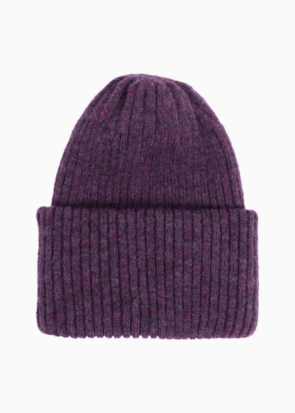 Belacaro kids beanie in purple baby alpaca, ribbed knit with folded brim, flat lay on white background.