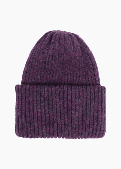 Belacaro kids beanie in deep purple baby alpaca, ribbed knit with folded brim, flat lay on white background.
