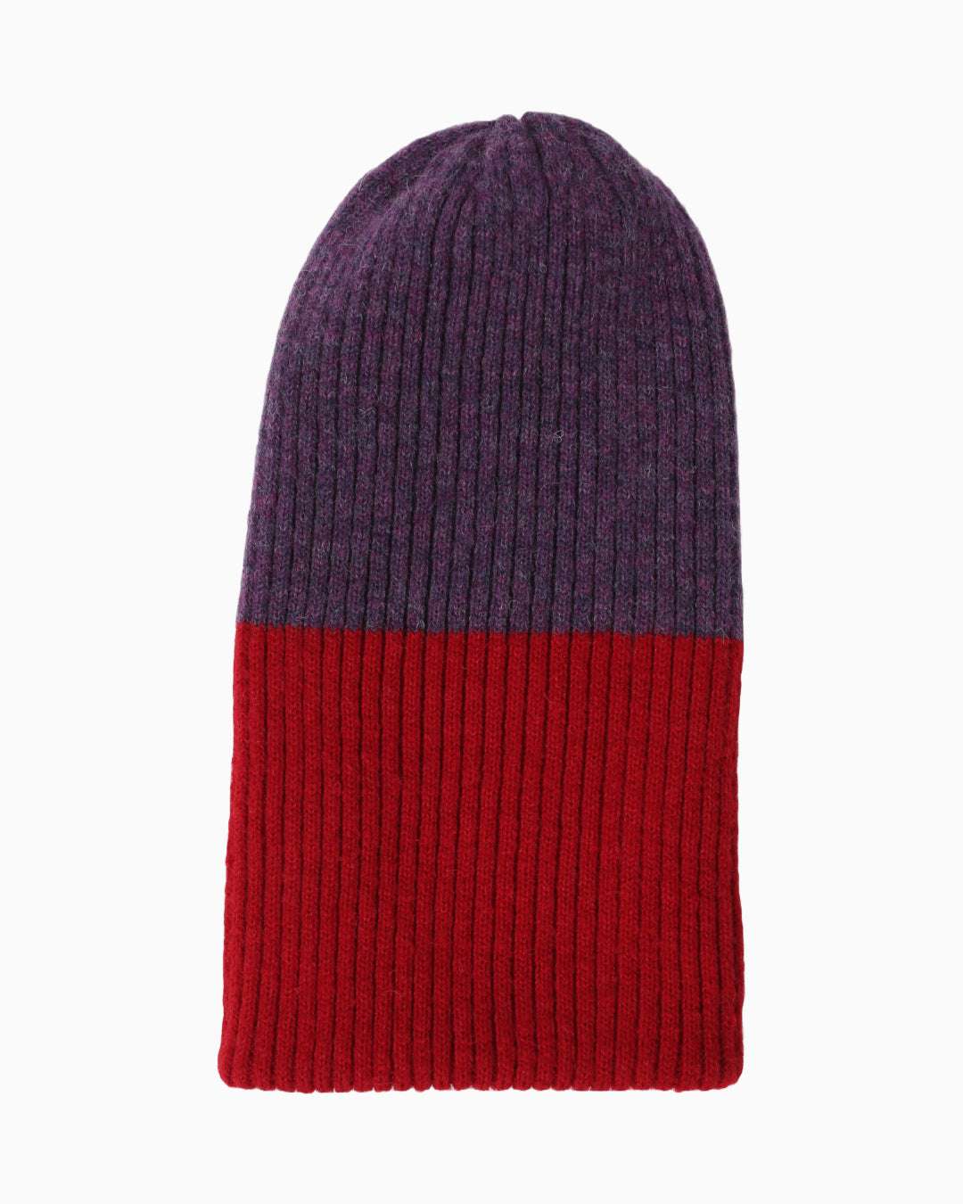 Belacaro kids beanie in purple and red baby alpaca, ribbed knit half color block design, flat lay on white background.