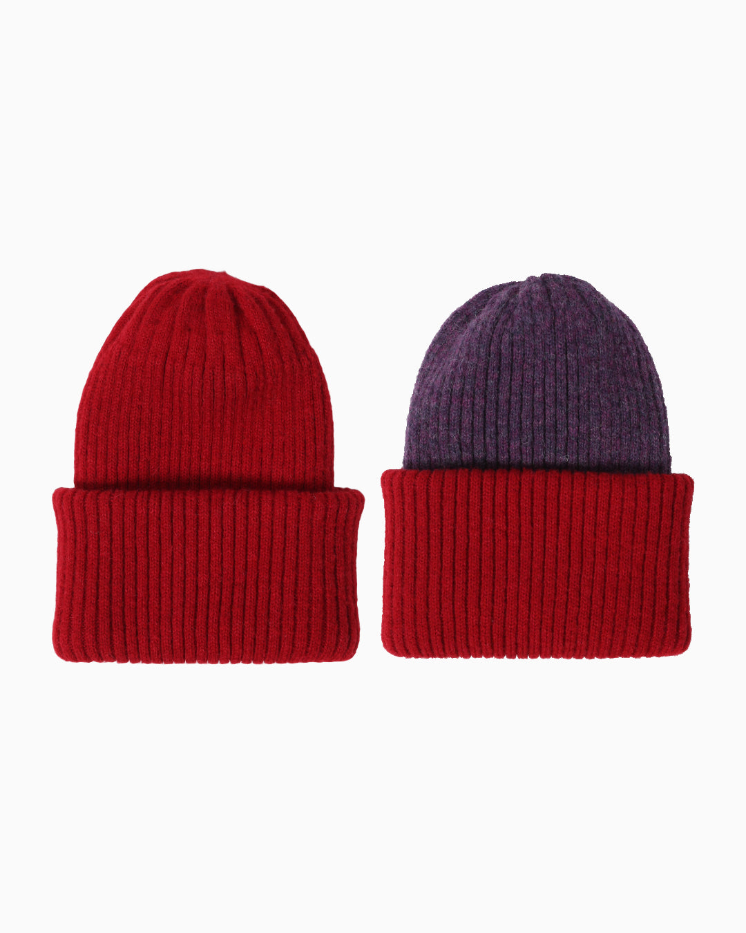 Belacaro kids beanies in red and purple baby alpaca, ribbed knit with folded brims, flat lay on white background.