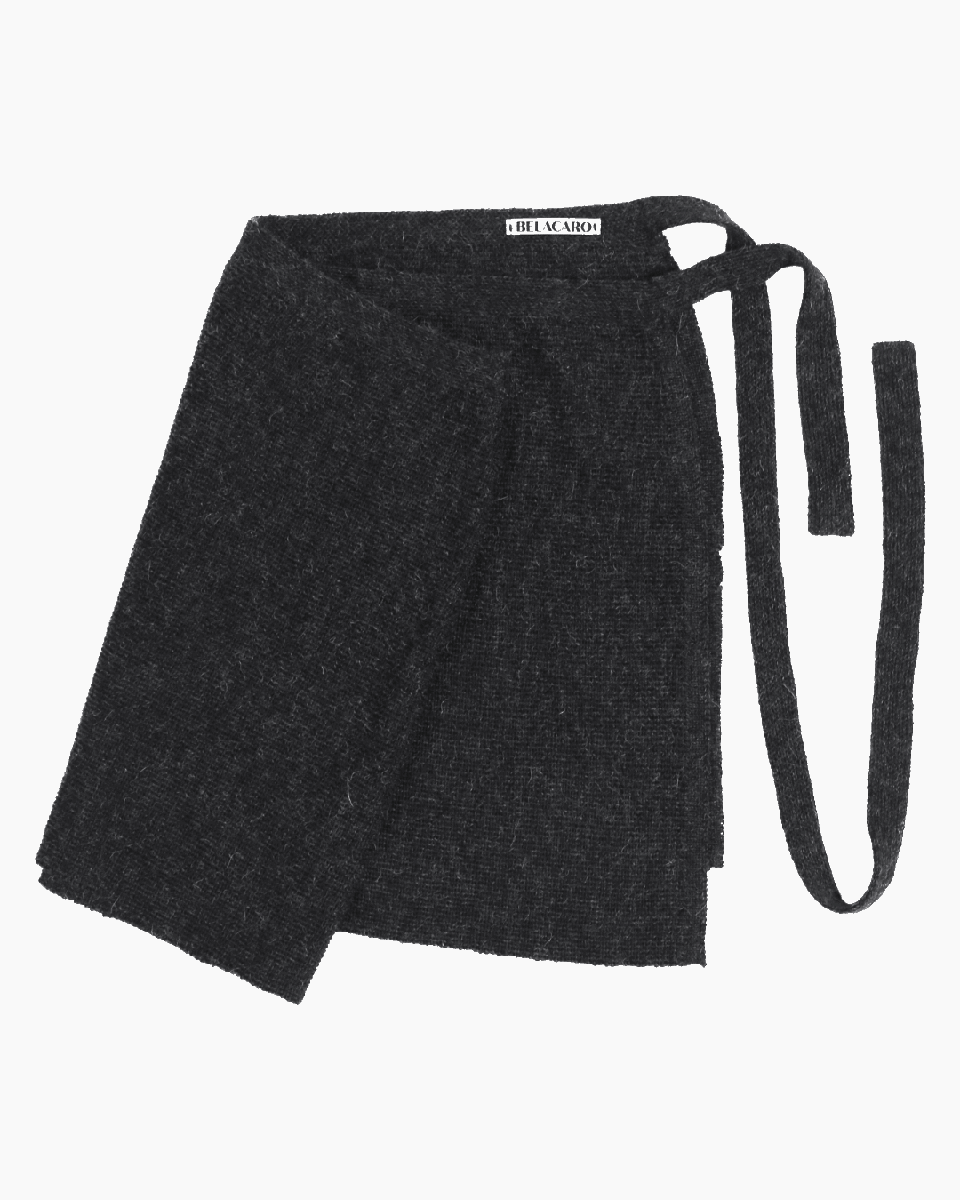 Packshot of a grey knit pareo skirt over a white background