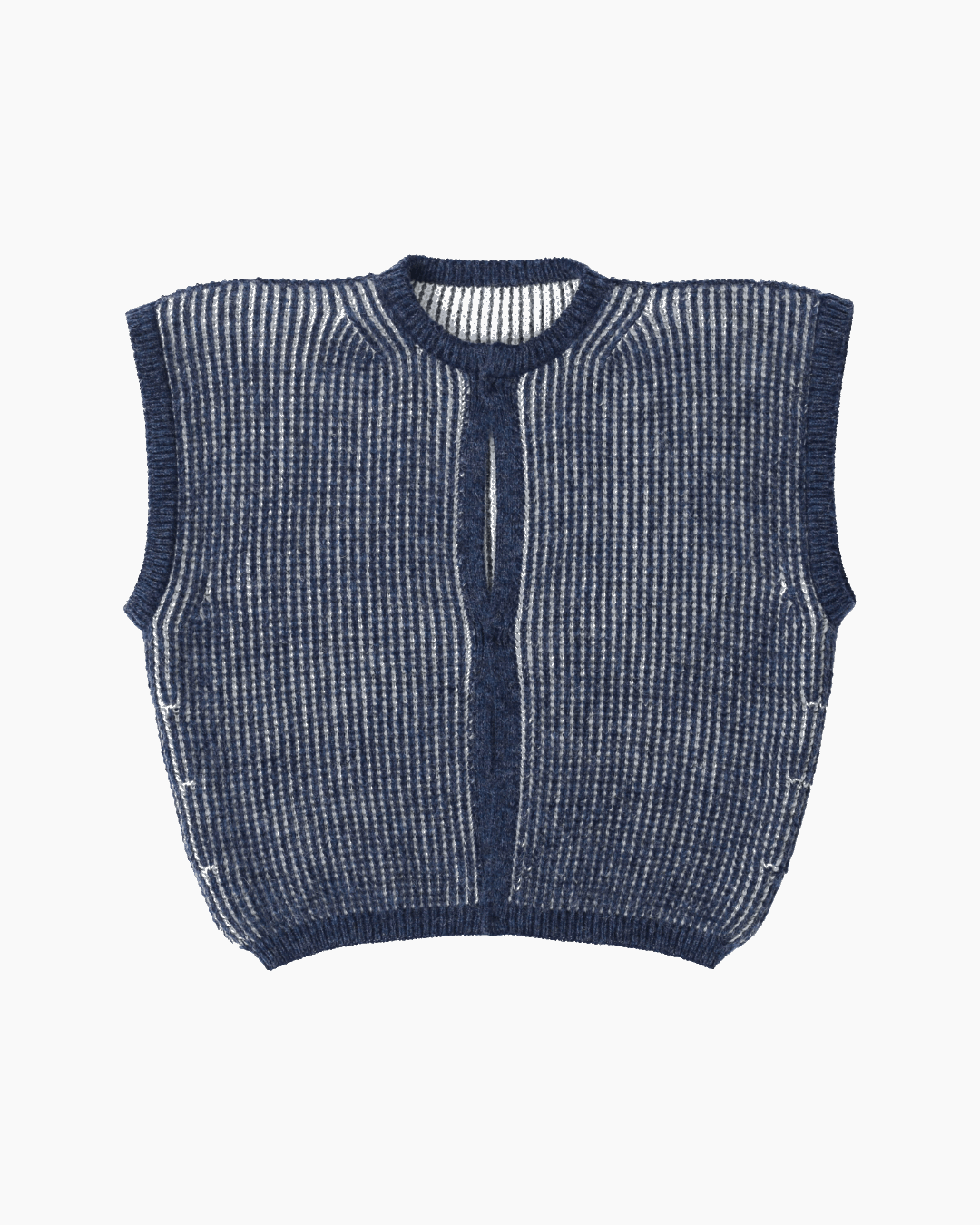 A navy and white reversible vest with heavy english rib knits on a white background