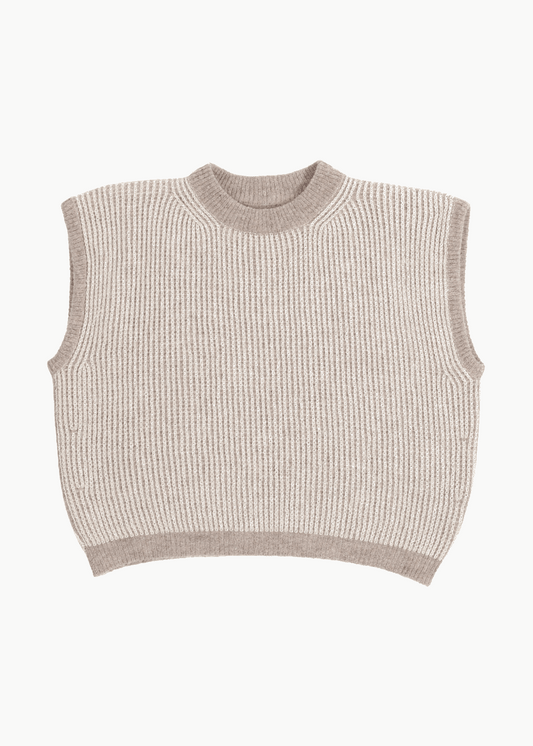 A cream and brown reversible vest without sleeves on a white background