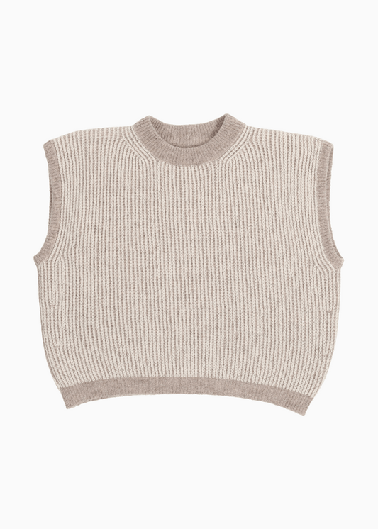 A cream and brown reversible vest without sleeves on a white background