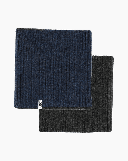 Packshot of a grey and a blue knitted neck warmer