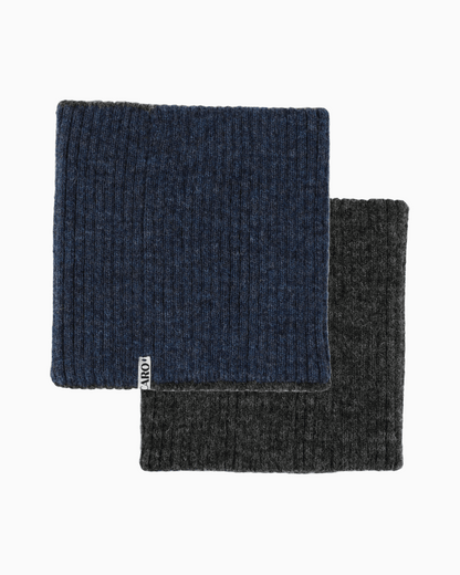 Packshot of a grey and a blue knitted neck warmer
