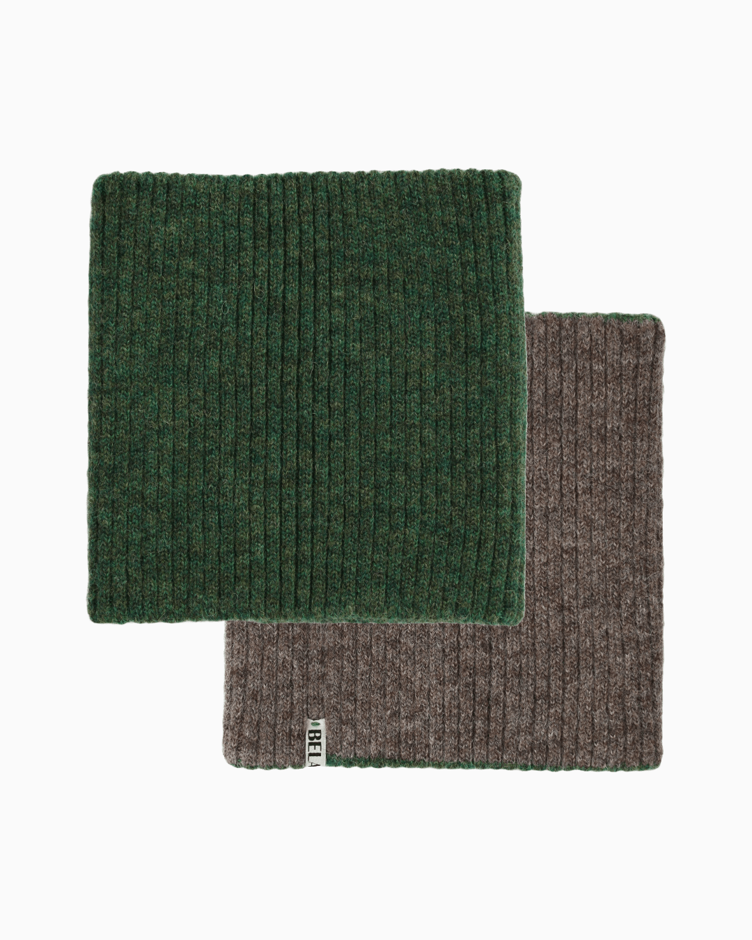 Packshot of a green and a brown knitted neck warmer