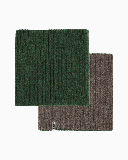 Packshot of a green and a brown knitted neck warmer