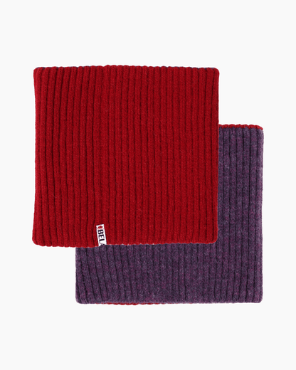 Packshot of a red and a purple knitted neck warmer