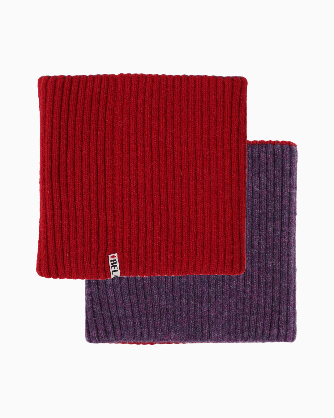 Packshot of a red and a purple knitted neck warmer