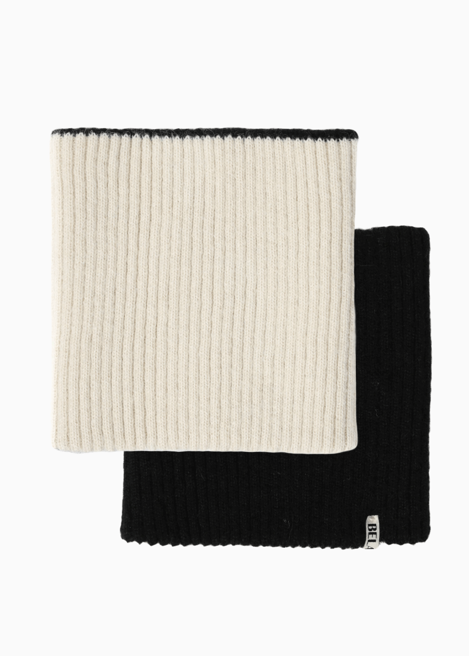 Packshot of a white and a black knitted neck warmer