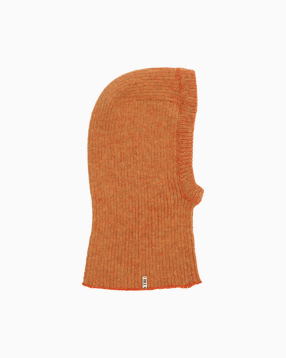 Packshot of a orange ribbed balaclava