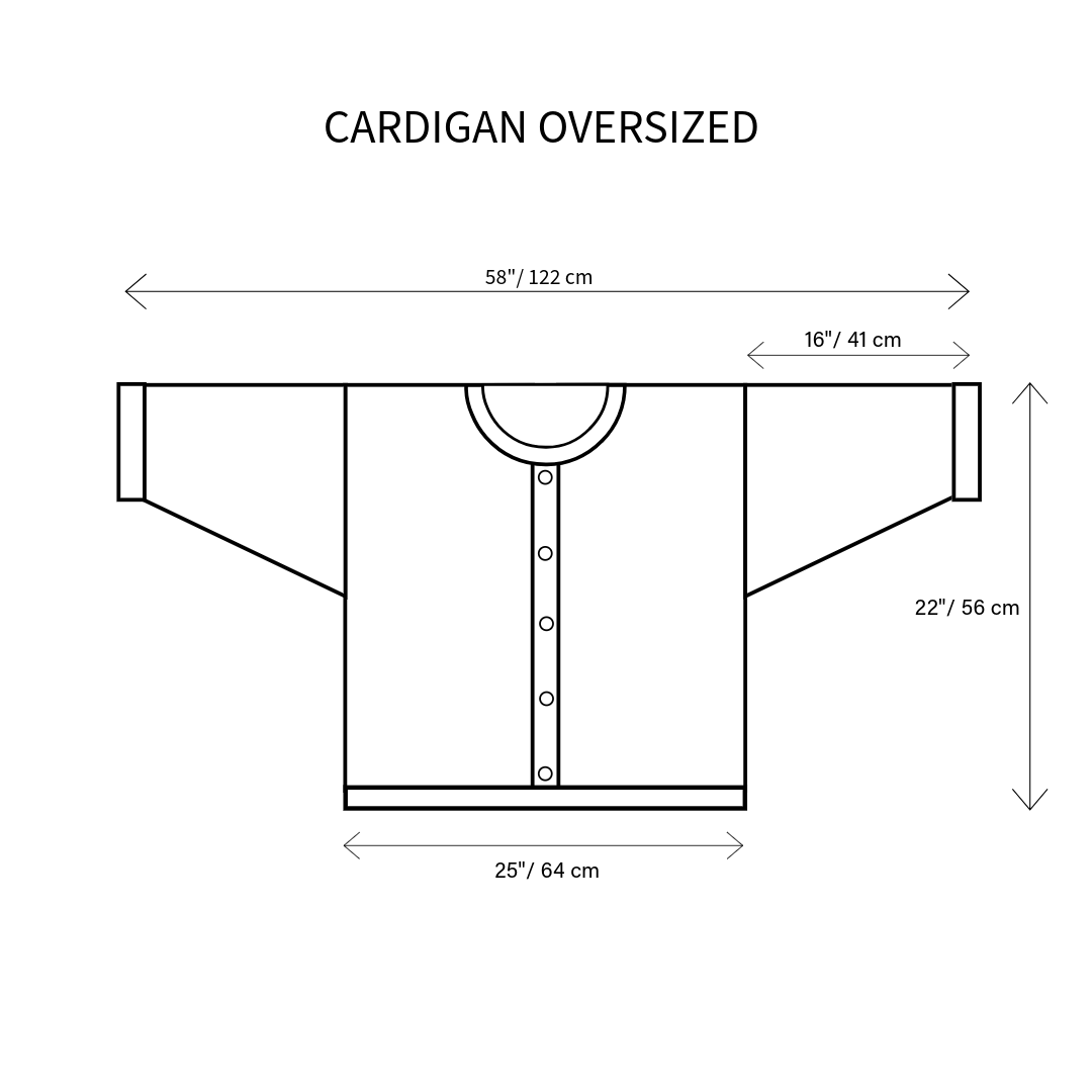 Measurement chart for an oversized cardigan with dimensions in centimeters.