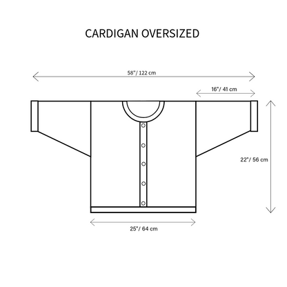 Measurement chart for an oversized cardigan with dimensions in centimeters.