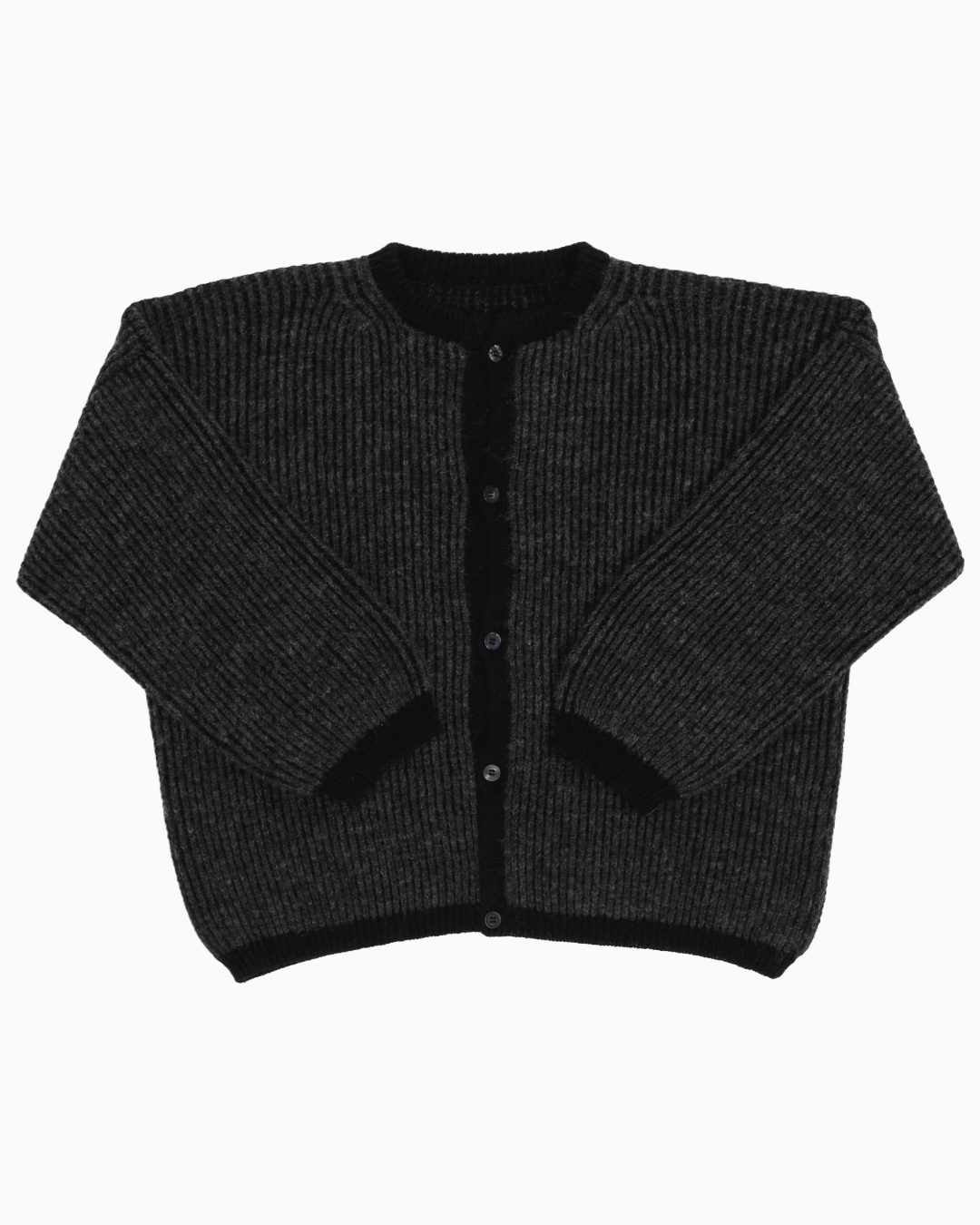 A bicolor black and grey oversize cardigan with a ribbed texture, 3 buttons down the front bicolor oversized and wide 3/4 sleeves