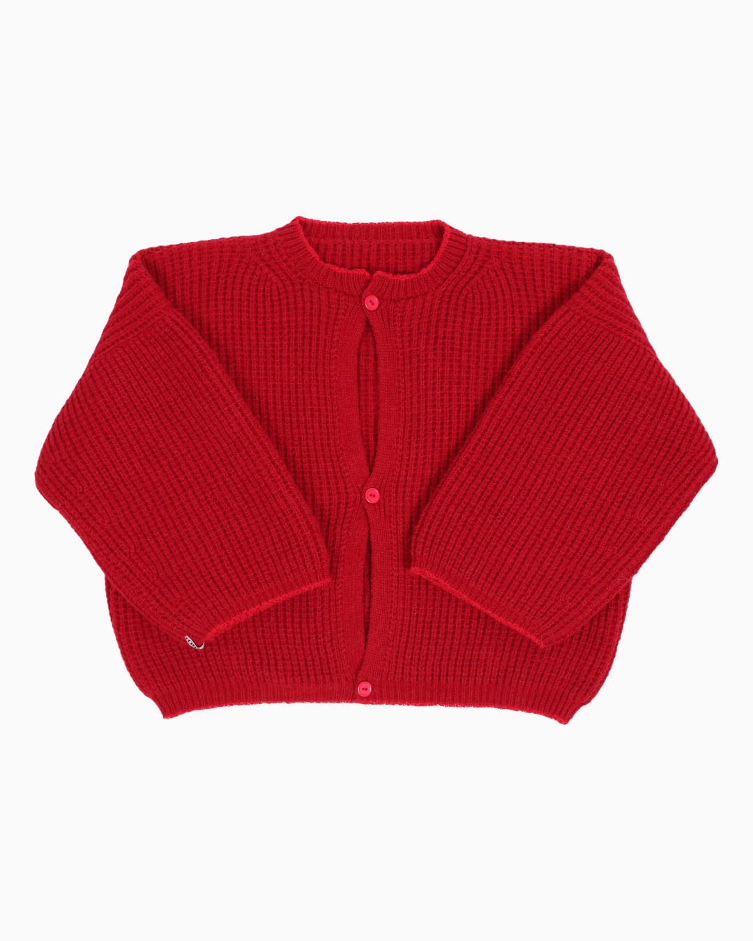 An red cardigan with a ribbed texture, 3 buttons down the front and wide 3/4 sleeves