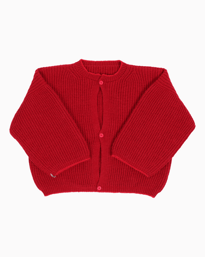 An red cardigan with a ribbed texture, 3 buttons down the front and wide 3/4 sleeves