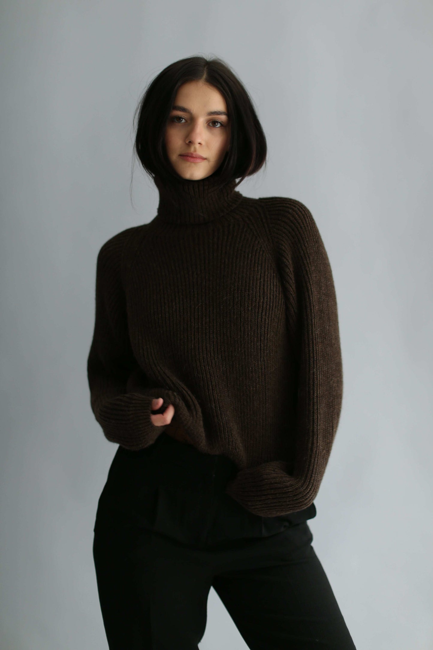Model wearing a dark brown ribbed turtleneck, and black pants against a white background