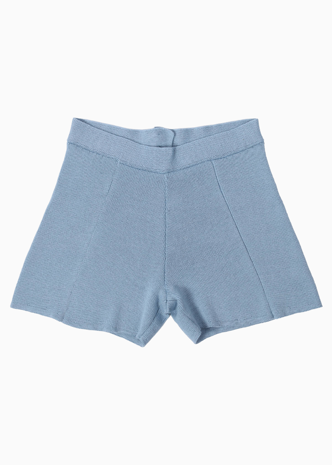 Packshot of baby blue shorts in a knitted fabric