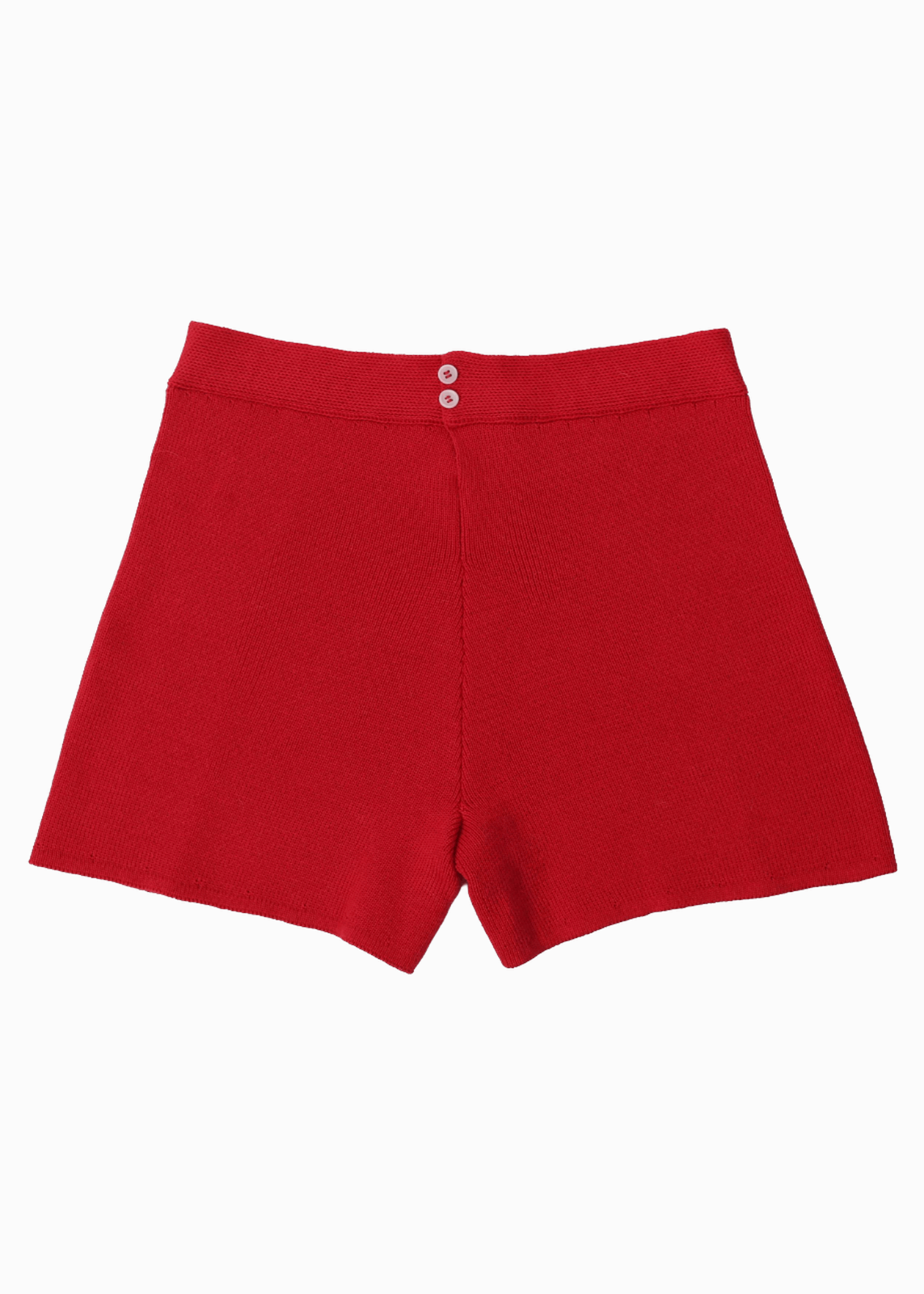 Packshot of red shorts in a knitted fabric with buttons at the back