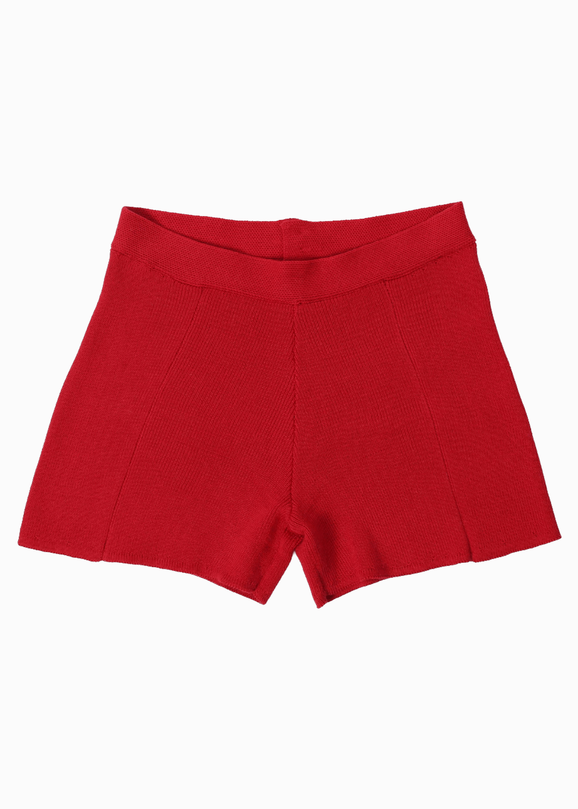 Packshot of red shorts in a knitted fabric