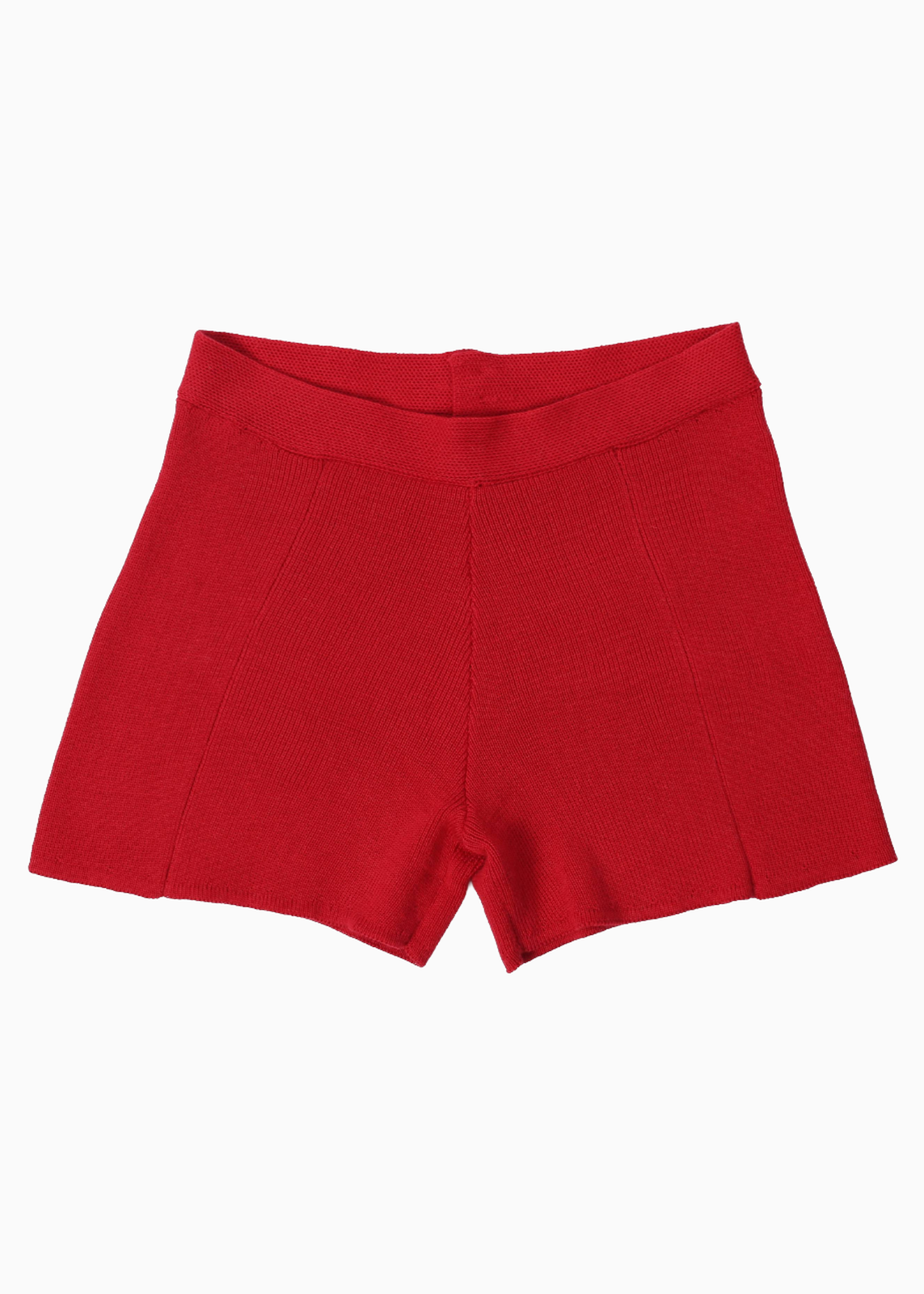 Packshot of red shorts in a knitted fabric