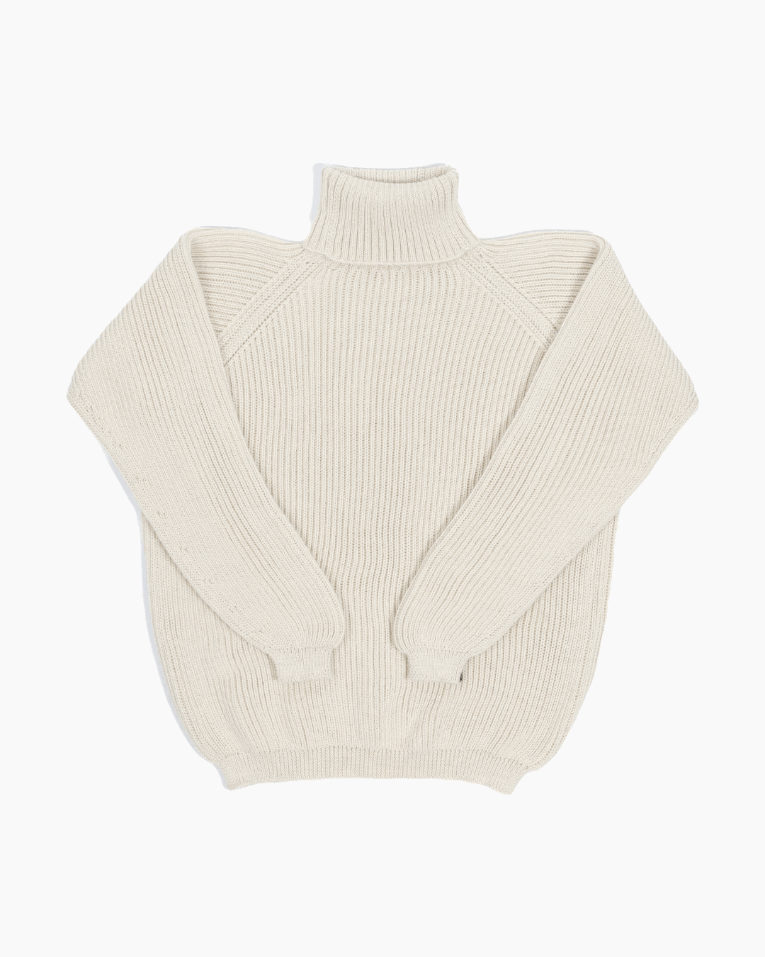 Packshot of a white unisex turtleneck sweater made of baby alpaca wool with a fisherman rib design.
